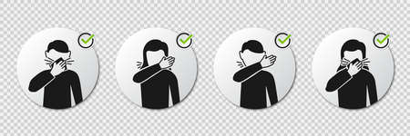 Preventive measures icons how to cough and sneeze and not spreading virus with man and woman iconsのイラスト素材