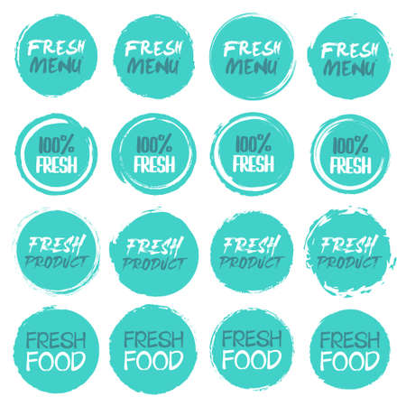 Fresh icon collection. Set of different grunge circles shapes label with different textのイラスト素材