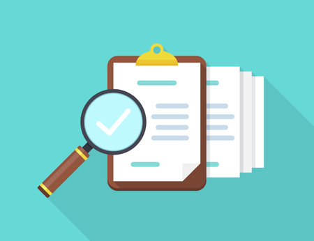 Audit documents with magnifying glass and check in a flat design with long shadowのイラスト素材