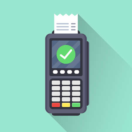 Successful payment operation. POS terminal confirms the payment by smartphone. Hand holding smartphone with mobile paymentのイラスト素材