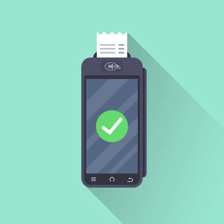 Successful payment operation. POS terminal confirms the payment by smartphone. Hand holding smartphone with mobile paymentのイラスト素材