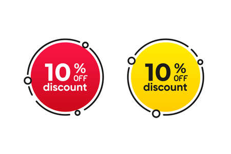 10 percentage circle discount tag icons collection. Set of red and yellow sale labels