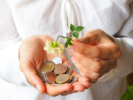 Broken flower in hands with coins. The concept of inflationの写真素材