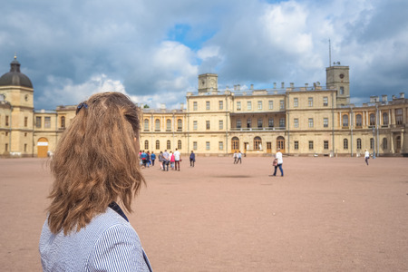 Tourists at the ancient Palace in Gatchina. Travel conceptの写真素材