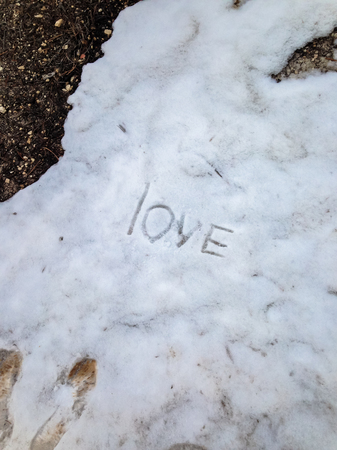 Inscription Love on the melting snow in the springの写真素材