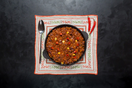 Pan of Texas chili on black backgroundの写真素材