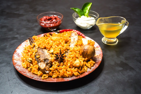 Yemeni Style Siadeah - fish Kabsa. Mixed rice dishes that originates in Yemen. Middle eastern foodの写真素材