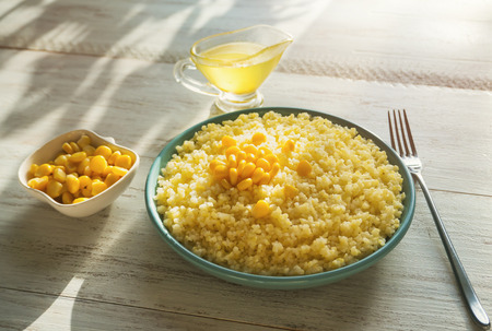 Cornmeal porridge. Healthy breakfast. Traditional homemade polenta.