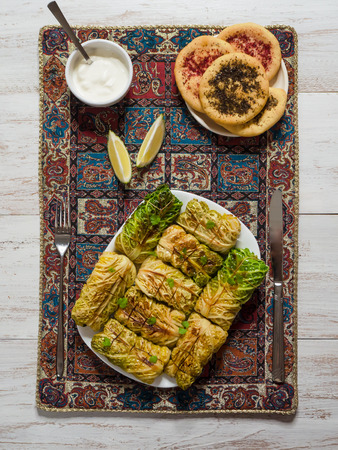 Stuffed Savoy cabbage roulades. Arabic food. Top view.の写真素材