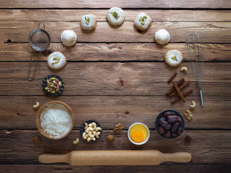 Ramadan sweets background. Cookies of El Fitr Islamic Feast. Arabic cookies Maamoul.