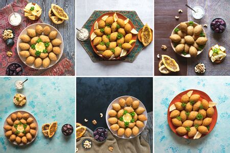 Collage of Arabic meat appetizer Kibbeh. Traditional Arabic kibbeh with lamb and pine nutsの写真素材