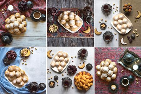 Collage of cookies of El Fitr Islamic Feast. Egyptian cookies "Kahk El Eid".   Ramadan food background.の写真素材