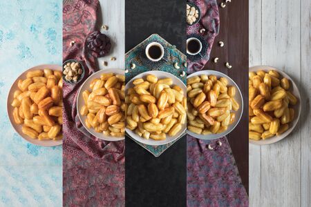 Collage with Turkish desserts Tulumba. Arabic sweets celebration Eid Ramadan.の写真素材