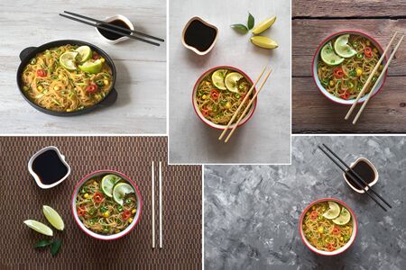 Food collage with rice noodles and garden vegetables.