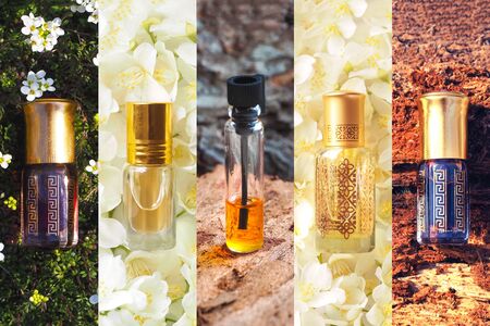 Collage from different pictures of concentrated essential oil in a mini bottles.