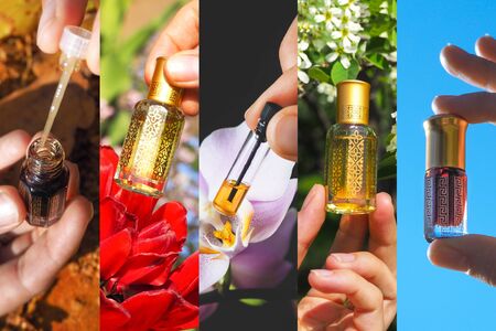 Collage from different pictures of concentrated essential oil in a mini bottles.の写真素材