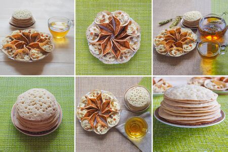 Collage from different pictures of Arabian pancake. Cookies of El Fitr Islamic Feast. Ramadan food background.の写真素材