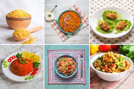 Collage of world cuisine with bulgur dishes. Close up.の写真素材