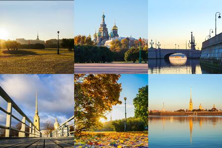 Collage from different pictures of beautiful views of autumn St. Petersburg. Russia.の写真素材