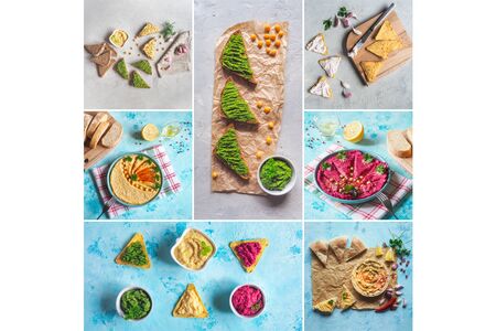 Collage with various chickpea hummus dishes. Close up.