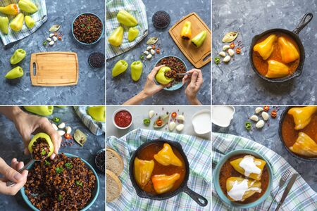 Collage with cooking stuffed pepper with wild rice and vegetables.
