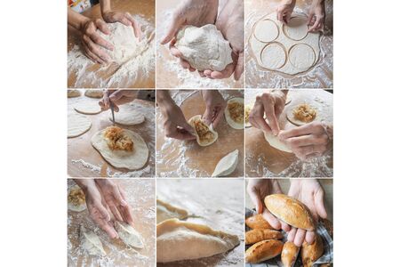 Collage showing the cooking pies with cabbage. Close up.