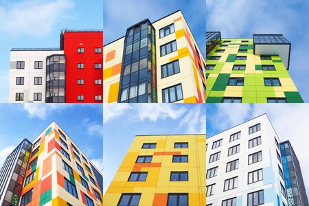 Collage from different pictures of colorful houses. Close up.