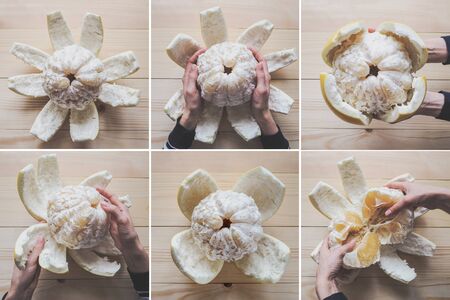 Collage showing the peeled grapefruit on a wooden table.の写真素材