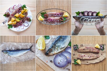 Collage showing the dishes with herring. Close up.の写真素材