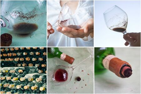 Collage with different views of sediment in a glass of old wine. Sediment in wine.