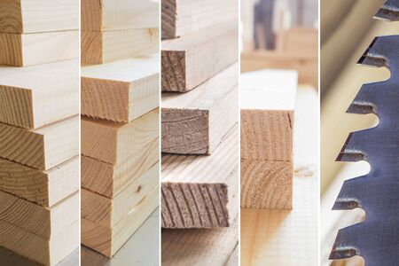 Collage with circular saw cutting board. Different wood planks texture background.の写真素材