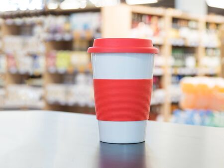 coffee cup in coffee shop, close up.