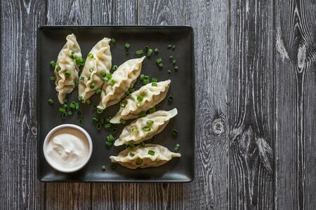 Homemade Meat Dumplings on plate, top view.の写真素材