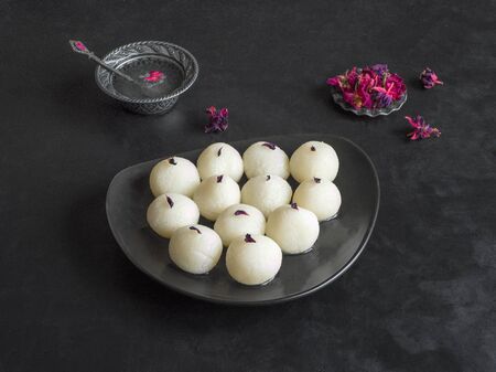 Indian traditional sweet rasgulla, close up, copy space.の写真素材