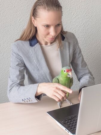 A girl is sitting with a green parrot at the computer discussing a business idea.の写真素材