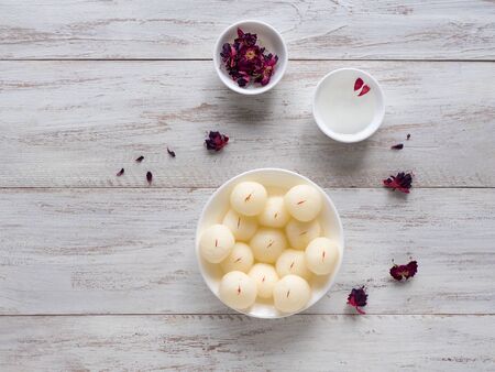 Rasgulla Bengali indian sweet dish. Top view.