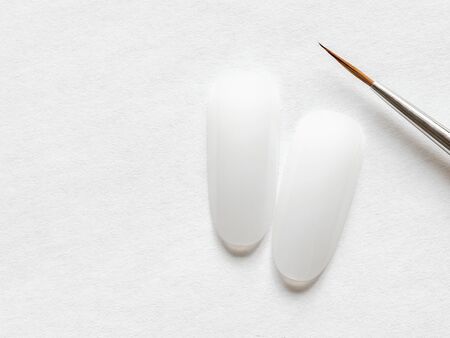 Learning to draw on nail tips concept. Clean nail tips and paint brush for manicure on white background.の写真素材