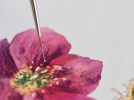 Drawing with watercolors with a thin brush, close up.の写真素材