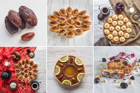Food collage with various Arabic sweets made from ripe dates on a wooden background.の写真素材
