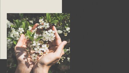 Spring flowers in hands design poster. Tropic template for poster, banner, invitation, cover.