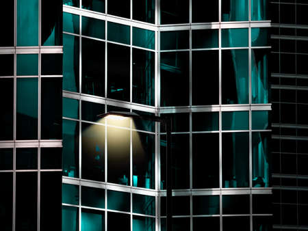 Mirror cube fragment of a building with a lamp.