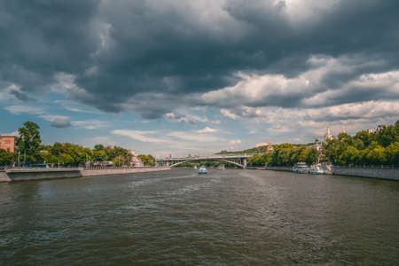 Navigation on the Moscow river. Beautiful views of Moscow. Arch bridge over the Moscow river....