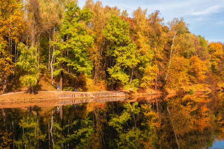 Autumn Park. Beautiful autumn landscape with red trees by the lake. Tsaritsyno, Moscow.の写真素材