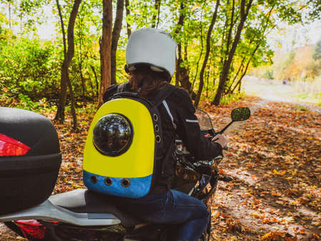 Biker on a motorcycle rides along a forest road with a dog in a backpack on his backの写真素材