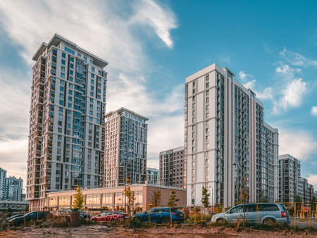 Modern residential neighborhood in the Moscow. Skyscrapers on the background of the evening blue...