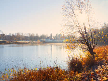 Foggy sunny autumn landscape with an old Palace. Gatchina. Russia. Soft focus.の写真素材