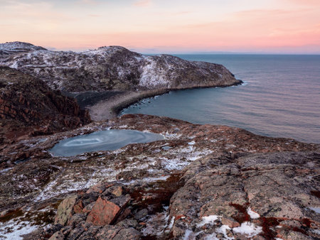 Wonderful mountain landscape on the Barents sea. Teriberka.の写真素材
