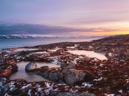 Beautiful frozen puddles and mosses on the rocky slope of the mountain. Picturesque Arctic landscape in Teriberka. Colorful mountain landscape.の写真素材