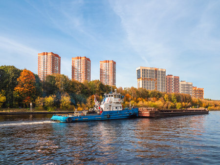 Modern beautiful new buildings in the autumn. A new residential neighborhood in the north of Moscow. Russia.のeditorial素材