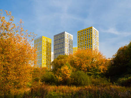 Modern beautiful new buildings in the autumn. A new residential neighborhood in the north of Moscow. Russia.の写真素材